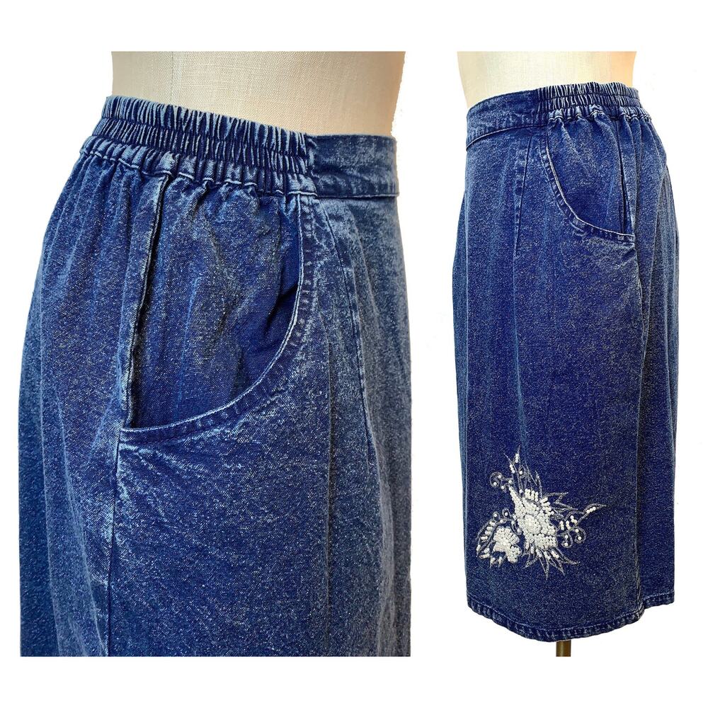 80s High Waist Acid Wash Denim Skirt with Pearl Appliqué - Picture 3 of 9